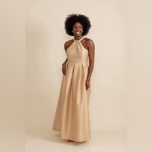 Lula Kate ABBY FLOOR-LENGTH HALTER BRIDESMAID DRESS Size 0 NWOT Gold Champagne